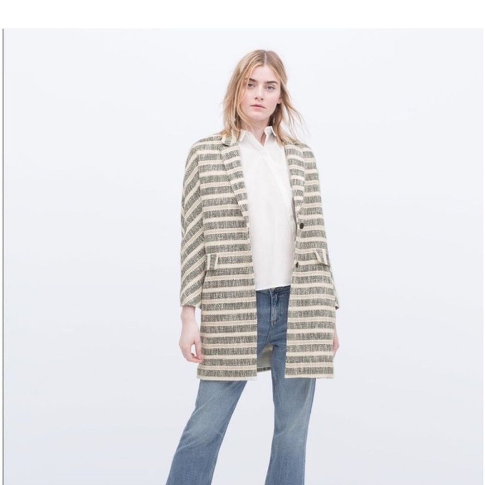 Zara Basic Womens Medium Striped Tweed Blazer Coat Black White Beige Cotton Mix